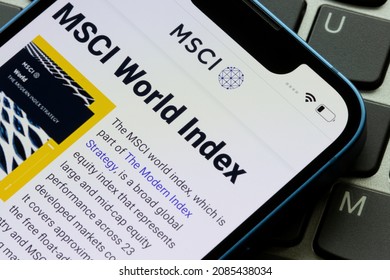 Portland, OR, USA - Dec 3, 2021: MSCI World Index Page On The MSCI Website Is Seen On An IPhone. MSCI Is A Global Provider Of Equity, Fixed Income, Hedge Fund Stock Market Indexes, ESG Products, Etc.