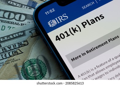 Portland, OR, USA - Dec 3, 2021: The 401(K) Plans page on the IRS website is seen on an iPhone. 401(k) plans are employer-sponsored defined-contribution pension accounts. 