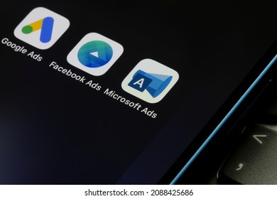 Portland, OR, USA - Dec 9, 2021: Microsoft Advertising, Facebook Ads Manager, And Google Ads App Icons Are Seen On An IPhone. Big Tech Ad Businesses Competition Concept.