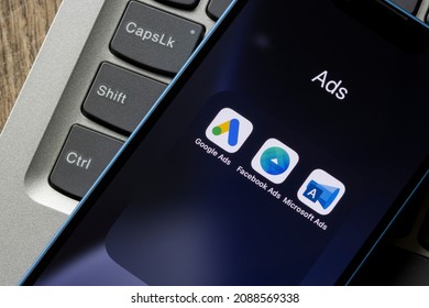 Portland, OR, USA - Dec 9, 2021: Microsoft Advertising, Facebook Ads Manager, And Google Ads App Icons Are Seen On An IPhone. Big Tech Ad Businesses Competition Concept.