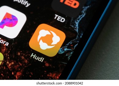 Portland, OR, USA - Dec 9, 2021: Hudl Mobile App Icon Is Seen On An IPhone. Hudl Provides Video Review And Performance Analysis Tools For Sports Teams And Athletes At Every Level.