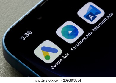 Portland, OR, USA - Dec 9, 2021: Microsoft Advertising, Facebook Ads Manager, And Google Ads App Icons Are Seen On An IPhone. Big Tech Ad Businesses Competition Concept.