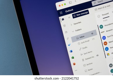 Portland, OR, USA - Feb 10, 2022: Close-up Of Microsoft Outlook Inbox Webpage With Quick Access Toolbar Showing Application Icons Of To Do, Word, Excel, And Powerpoint, On A MacBook Laptop Computer.