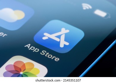 Portland, OR, USA - Feb 10, 2022: Closeup Of The App Store Icon Seen On An IPhone. The App Store Platform Is Developed And Maintained By Apple Inc. For Mobile Apps On Its Operating Systems.