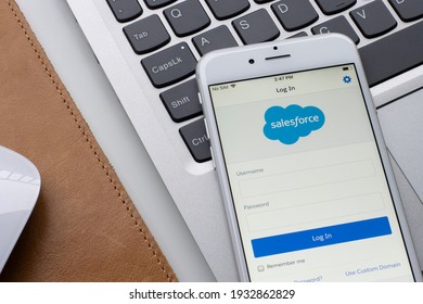 Portland, OR, USA - Feb 11, 2021: The Salesforce app login page is seen on an iPhone. Salesforce.com, Inc. is an American cloud-based software company that primarily provides CRM service.