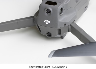 Portland, OR, USA - Feb 13, 2021: Closeup Of The DJI Logo On A New DJI Mavic Pro 2 Flagship Consumer Drone Isolated On White. Shenzhen DJI Sciences And Technologies Ltd. Is A Chinese Tech Company.