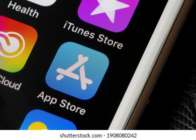 Portland, OR, USA - Feb 2, 2021: The App Store icon is seen on an iPhone. The App Store is a digital distribution platform, developed and maintained by Apple Inc., for apps on its iOS and iPadOS.