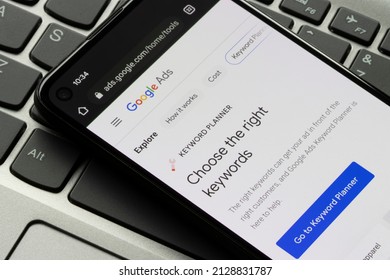 Portland, OR, USA - Feb 21, 2022: Webpage of Google Ads Keyword Planner is seen on a Google Pixel smartphone. Keyword Planner is a feature within Google Ads for building strong key word lists.