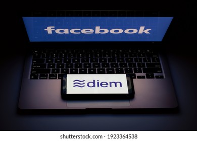 Portland, OR, USA - Feb 23, 2021: Formerly Named Libra, The Rebranded Diem Is Now Awaiting Regulatory Approval. Diem Is A Blockchain-based Payment System Proposed By Facebook, Inc.