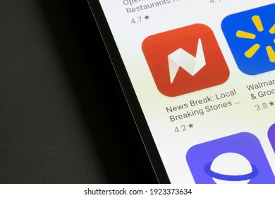 Portland, OR, USA - Feb 23, 2021: News Break app icon is seen on a Google Pixel smartphone. News Break an AI-powered news aggregator that delivers relevant local news.
