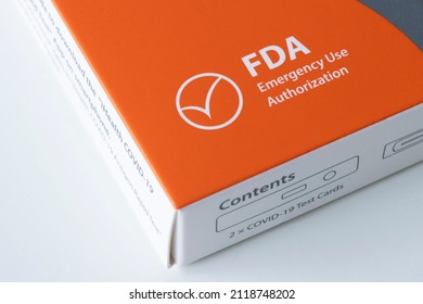 Portland, OR, USA - Feb 5, 2022: Closeup of the U.S. Food and Drug Administration (FDA) Emergency Use Authorization (EUA) label on a free iHealth COVID-19 Antigen rapid test kit ordered from USPS.