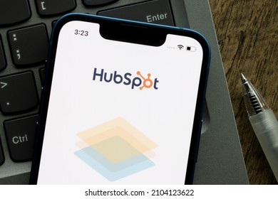 Portland, OR, USA - Jan 10, 2022: Closeup of the HubSpot logo seen on its mobile app login page on an iPhone. HubSpot offers a full platform of marketing, sales, customer service, and CRM software.