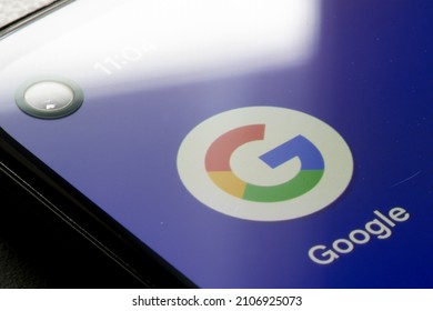 Portland, OR, USA - Jan 15, 2022: Closeup Of The Google Mobile App Icon Seen On A Google Pixel 4a Smartphone. Big Tech Concept.