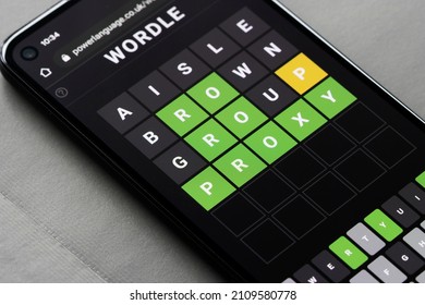 Portland, OR, USA - Jan 18, 2022: The daily WORDLE puzzle is seen solved on a smartphone. The word game developed by Josh Wardle has become the most recent social media and pop culture phenomenon.