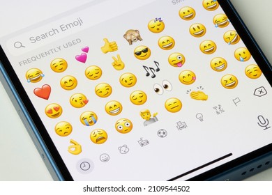 Portland, OR, USA - Jan 19, 2022: Emojis sorted by usage frequency are seen in the iMessage app on an iPhone.
