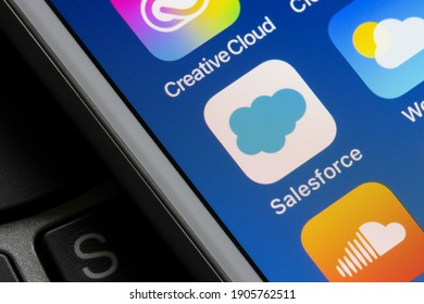 Portland, OR, USA - Jan 30, 2021: The Salesforce app icon is seen on an iPhone. Salesforce.com, Inc. is an American cloud-based software company that provides customer relationship management service.