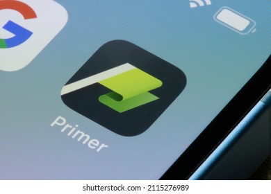 Portland, OR, USA - Jan 30, 2022: Google Primer App Icon Is Seen On An IPhone. Primer Is A Free Mobile App Designed To Teach Digital Marketing And Business Skills Using 5-minute Interactive Lessons.