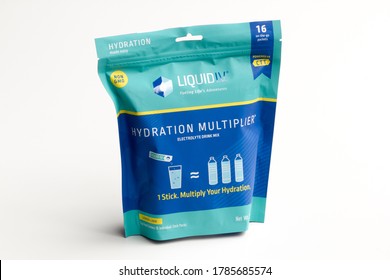 Portland, OR, USA - July 1, 2020: Pack Of Liquid I.V. Hydration Multiplier Electrolyte Powder Supplement Drink Mix Product Isolated On White.