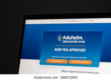 Portland, OR, USA - July 15, 2021: The homepage of Aduhelm, Biogen's new Alzheimer's drug, is seen on a computer. Cleveland Clinic and Mount Sinai say they won't administer Aduhelm to patients.
