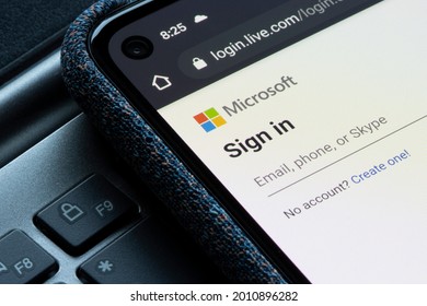 Portland, OR, USA - July 19, 2021: The Login Page Of Outlook, Microsoft's Web-based Email Service, Is Seen On A Smartphone.