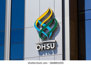 Portland, OR, USA - July 25, 2020: The OHSU logo is seen at the OHSU Center for Health and Healing Building 2 in the South Waterfront neighborhood in Portland, Oregon.