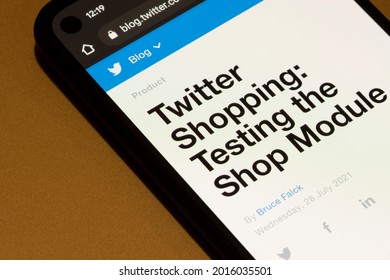 Portland, OR, USA - July 28, 2021: Twitter's Revenue Product Lead Bruce Falck's Article About Twitter's Test Of Shop Module, Its New E-commerce Feature, Is Seen On The Twitter Blog On A Smartphone.