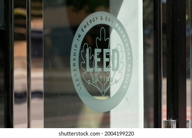 Portland, OR, USA - July 4, 2021: Closeup Of The LEED Platinum Certification Icon Seen At One Of The Entrances To The Oregon Convention Center In Portland, Oregon.