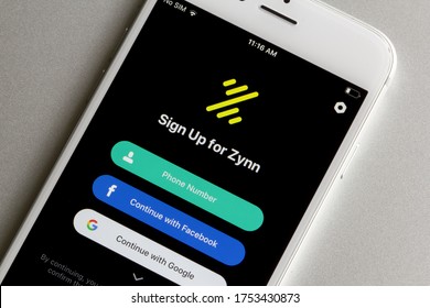Portland, OR, USA - Jun 10, 2020: Zynn Mobile App Sign Up Page Is Seen On A Smartphone. Zynn Comes From Kuaishou, A Rival To TikTok Creator ByteDance In China.