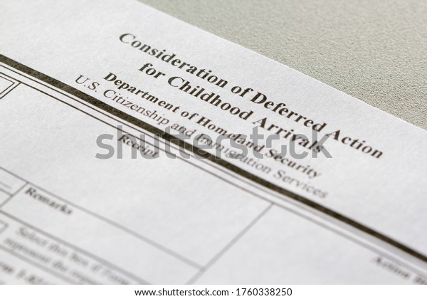Portland, OR, USA - Jun 20, 2020: Closeup of\
USCIS Form I-821D, Consideration of Deferred Action for Childhood\
Arrivals (DACA).