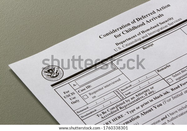 Portland, OR, USA - Jun 20, 2020: Closeup of\
USCIS Form I-821D, Consideration of Deferred Action for Childhood\
Arrivals (DACA).