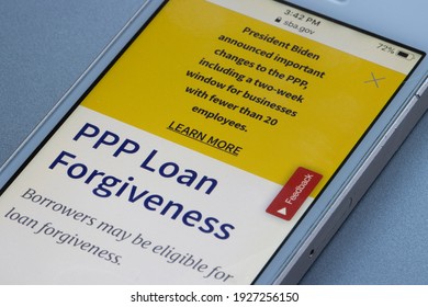 Portland, OR, USA - Mar 1, 2021: The U.S. Small Business Administration Website's PPP Loan Forgiveness Page Is Seen On A Phone. Changes Including A Two-week Window For Small Businesses Are Announced.