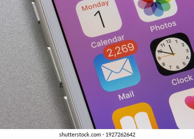 Portland, OR, USA - Mar 1, 2021: The iOS Mail app icon on an iPhone with a badge that shows 2269 unread emails on Monday.