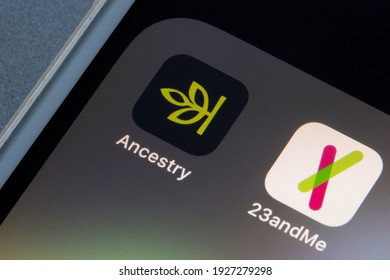 Portland, OR, USA - Mar 1, 2021: Ancestry And 23andMe Mobile Apps Are Seen On An IPhone. Both Companies Provide Personal Genetic DNA Tests Including Health Predispositions, Carrier Status, Wellness.