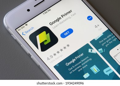 Portland, OR, USA - Mar 11, 2021: Google Primer App Is Seen In The App Store On An IPhone. The Free Mobile App By Google Teach Digital Marketing And Business Skills Using 5-minute Interactive Lessons.