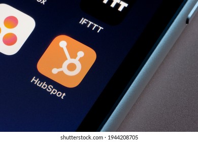 Portland, OR, USA - Mar 12, 2021: HubSpot mobile app icon is seen on an iPhone. HubSpot is an American developer and marketer of software products for inbound marketing, sales, and customer service.