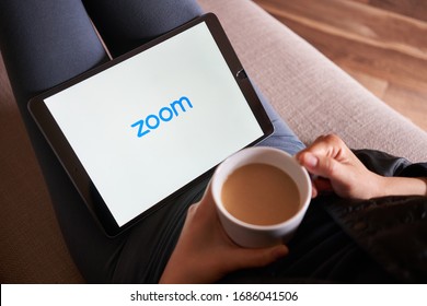 Portland, OR, USA - Mar 28, 2020: A Woman Using Zoom Mobile App To Join A Meeting From Her IPad. Zoom Is A Cloud-based Video Conferencing Tool That Enables Video Conferences, Webinars, Live Chat, Etc.