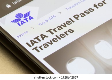 Portland, OR, USA - Mar 3, 2021: The IATA Travel Pass Introduction Page Is Seen On The International Air Transport Association Website On A Phone. IATA Plans To Launch A Travel Pass App In March.