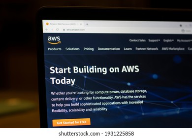 Portland, OR, USA - Mar 7, 2021: The Homepage Of Amazon Web Services (AWS) Is Seen On A Laptop Computer. AWS Is A Subsidiary Of Amazon Providing On-demand Cloud Computing Platforms And APIs.