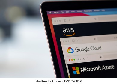 Portland, OR, USA - Mar 7, 2021: AWS, Google Cloud, and Microsoft Azure logos are seen respectively on the websites of the big three cloud providers on a laptop computer.