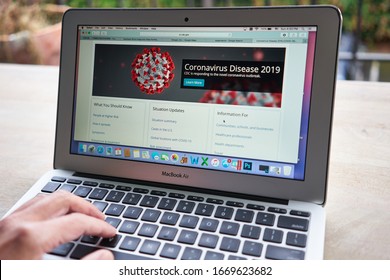 Portland, OR, USA - Mar 8, 2020: A Man Browsing The CDC Website To Learn Key Facts About The Coronavirus Disease 2019 (COVID-19).