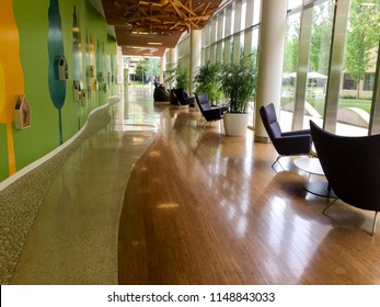 PORTLAND, OR, USA. May 2018. Clean And Beautiful Hallway With Decorated Walls, Round Tables And Comfortable Chairs At Randall Children's Hospital At Legacy Emanuel.