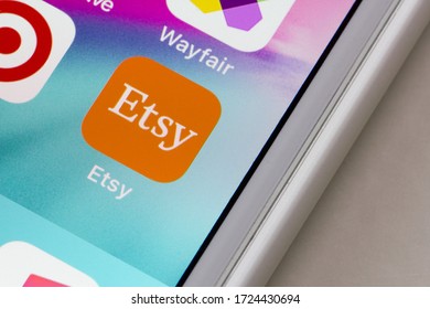 Portland, OR, USA - May 6, 2020: Etsy Mobile App Icon Is Seen On An IPhone. Etsy Is An American E-commerce Website Focused On Handmade Or Vintage Items And Craft Supplies.