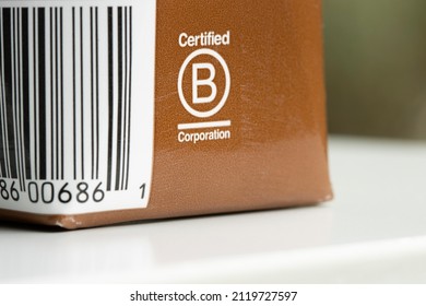 Portland, OR, USA - Nov 1, 2021: B Corporation Label On A Stumptown Cold Brew Coffee Carton. B Corp Is A Private Certification Of For-profit Companies Of Their Social And Environmental Performance.