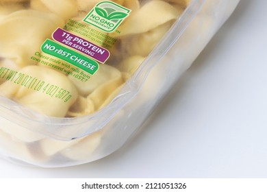 Portland, OR, USA - Nov 1, 2021: Closeup of the "No rBST Cheese" label seen on the packaging of Buitoni tortellini. rBST is a genetically engineered hormone used to increase milk production.