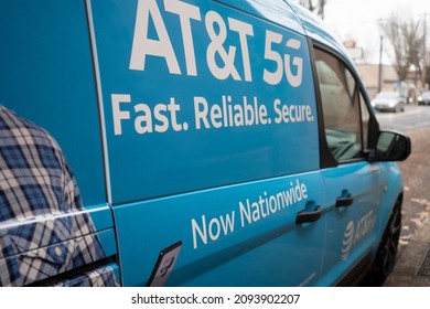 Portland, OR, USA - Nov 15, 2021: Closeup Of The ATT 5G Logo Seen On An ATT Service Van Parked On The Streets In Northwest Portland, Oregon.