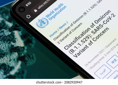 Portland, OR, USA - Nov 29, 2021: World Health Organization's statement of the Omicron variant that emerged in South Africa is seen on its website.
