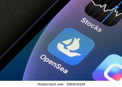 Portland, OR, USA - Nov 30, 2021: Closeup Of The OpenSea NFT Marketplace App Icon Seen On An IPhone. OpenSea Is A Peer-to-peer Marketplace For NFTs, Rare Digital Items And Crypto Collectibles.