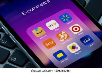 Portland, OR, USA - Nov 30, 2021: Assorted retail e-commerce apps are seen on an iPhone, including Amazon, eBay, Walmart, Etsy, the Home Depot, Target, Best Buy, Wayfair, and Lowe's.