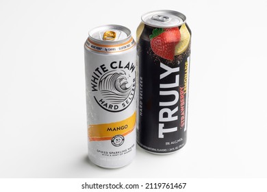 Portland, OR, USA - Oct 28, 2021: White Claw Hard Seltzer Mango Flavored Spiked Sparkling Water, And Truly Hard Seltzer Strawberry Lemonade Spiked And Sparkling Water Isolated On A White Background.