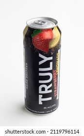 Portland, OR, USA - Oct 28, 2021: Truly Hard Seltzer Strawberry Lemonade Spiked And Sparkling Water Isolated On A White Background. Truly Hard Seltzer Is A Brand Owned By Boston Beer Company.